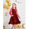 Arshiner Girls Dresses Contrast Mesh Velvet Long Sleeve A-Line Vintage Party Dress with Pockets(Red)