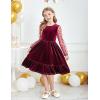 Arshiner Girls Dresses Contrast Mesh Velvet Long Sleeve A-Line Vintage Party Dress with Pockets(Wine Red)