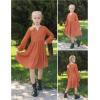 Arshiner Girls Dresses Lantern Long Sleeve Textured Casual Dress with Pockets for 5-12 Years(Burnt Orange)