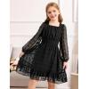Arshiner Girls Dresses Long Sleeve Square Neck Swiss Dot Flowy Casual Party Dress(Black)