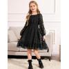 Arshiner Girls Dresses Long Sleeve Square Neck Swiss Dot Flowy Casual Party Dress(Black)