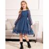 Arshiner Girls Dresses Long Sleeve Square Neck Swiss Dot Flowy Casual Party Dress(Blue)