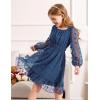 Arshiner Girls Dresses Long Sleeve Square Neck Swiss Dot Flowy Casual Party Dress(Blue)
