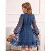 Arshiner Girls Dresses Long Sleeve Square Neck Swiss Dot Flowy Casual Party Dress(Blue)