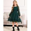 Arshiner Girls Dresses Long Sleeve Square Neck Swiss Dot Flowy Casual Party Dress(Green)