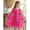 Arshiner Girls Dresses Long Sleeve Square Neck Swiss Dot Flowy Casual Party Dress(Hot Pink)