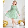 Arshiner Girls Dresses Long Sleeve Square Neck Swiss Dot Flowy Casual Party Dress(Light Green)