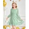 Arshiner Girls Dresses Long Sleeve Square Neck Swiss Dot Flowy Casual Party Dress(Light Green)
