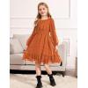 Arshiner Girls Dresses Long Sleeve Square Neck Swiss Dot Flowy Casual Party Dress(Orange)