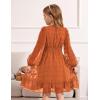Arshiner Girls Dresses Long Sleeve Square Neck Swiss Dot Flowy Casual Party Dress(Orange)