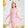 Arshiner Girls Dresses Long Sleeve Square Neck Swiss Dot Flowy Casual Party Dress(Pink)