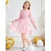 Arshiner Girls Dresses Long Sleeve Square Neck Swiss Dot Flowy Casual Party Dress(Pink)