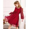 Arshiner Girls Dresses Long Sleeve Square Neck Swiss Dot Flowy Casual Party Dress(Red)