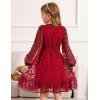 Arshiner Girls Dresses Long Sleeve Square Neck Swiss Dot Flowy Casual Party Dress(Red)