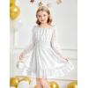 Arshiner Girls Dresses Long Sleeve Square Neck Swiss Dot Flowy Casual Party Dress(White)