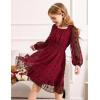 Arshiner Girls Dresses Long Sleeve Square Neck Swiss Dot Flowy Casual Party Dress(Wine Red)