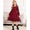 Arshiner Girls Dresses Long Sleeve Square Neck Swiss Dot Flowy Casual Party Dress(Wine Red)