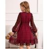 Arshiner Girls Dresses Long Sleeve Square Neck Swiss Dot Flowy Casual Party Dress(Wine Red)