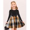 Arshiner Girls Dresses Long Sleeve Velvet Plaid Patchwork Holiday Party Dress with Pockets(Black / Brown Plaid)