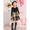 Arshiner Girls Dresses Long Sleeve Velvet Plaid Patchwork Holiday Party Dress with Pockets(Black / Brown Plaid)