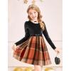 Arshiner Girls Dresses Long Sleeve Velvet Plaid Patchwork Holiday Party Dress with Pockets(Black / Orange Plaid)