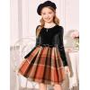 Arshiner Girls Dresses Long Sleeve Velvet Plaid Patchwork Holiday Party Dress with Pockets(Black / Orange Plaid)