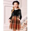 Arshiner Girls Dresses Long Sleeve Velvet Plaid Patchwork Holiday Party Dress with Pockets(Black / Orange Plaid)