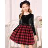 Arshiner Girls Dresses Long Sleeve Velvet Plaid Patchwork Holiday Party Dress with Pockets(Black / Red Plaid)