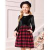 Arshiner Girls Dresses Long Sleeve Velvet Plaid Patchwork Holiday Party Dress with Pockets(Black / Red Plaid)
