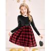 Arshiner Girls Dresses Long Sleeve Velvet Plaid Patchwork Holiday Party Dress with Pockets(Black / Red Plaid)