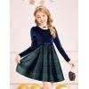Arshiner Girls Dresses Long Sleeve Velvet Plaid Patchwork Holiday Party Dress with Pockets(Navy Blue Plaid)