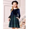 Arshiner Girls Dresses Long Sleeve Velvet Plaid Patchwork Holiday Party Dress with Pockets(Navy Blue Plaid)