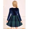 Arshiner Girls Dresses Long Sleeve Velvet Plaid Patchwork Holiday Party Dress with Pockets(Navy Blue Plaid)