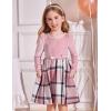Arshiner Girls Dresses Long Sleeve Velvet Plaid Patchwork Holiday Party Dress with Pockets(Pink Plaid)