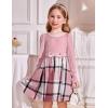 Arshiner Girls Dresses Long Sleeve Velvet Plaid Patchwork Holiday Party Dress with Pockets(Pink Plaid)