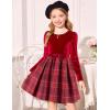 Arshiner Girls Dresses Long Sleeve Velvet Plaid Patchwork Holiday Party Dress with Pockets(Red Plaid)