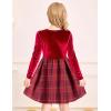 Arshiner Girls Dresses Long Sleeve Velvet Plaid Patchwork Holiday Party Dress with Pockets(Red Plaid)