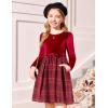 Arshiner Girls Dresses Long Sleeve Velvet Plaid Patchwork Holiday Party Dress with Pockets(Red Plaid)