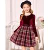Arshiner Girls Dresses Long Sleeve Velvet Plaid Patchwork Holiday Party Dress with Pockets(Red Wine Plaid)