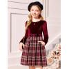 Arshiner Girls Dresses Long Sleeve Velvet Plaid Patchwork Holiday Party Dress with Pockets(Red Wine Plaid)