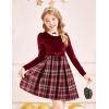 Arshiner Girls Dresses Long Sleeve Velvet Plaid Patchwork Holiday Party Dress with Pockets(Red Wine Plaid)