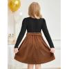 Arshiner Girls Dresses Puff Long Sleeve Rib Knit Plaid Patchwork Belted Holiday Dress with Pockets(Black / Brown Corduroy)