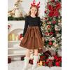 Arshiner Girls Dresses Puff Long Sleeve Rib Knit Plaid Patchwork Belted Holiday Dress with Pockets(Black / Brown Corduroy)