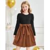 Arshiner Girls Dresses Puff Long Sleeve Rib Knit Plaid Patchwork Belted Holiday Dress with Pockets(Black / Brown Corduroy)