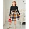 Arshiner Girls Dresses Puff Long Sleeve Rib Knit Plaid Patchwork Belted Holiday Dress with Pockets(Black / Brown Plaid)
