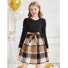 Arshiner Girls Dresses Puff Long Sleeve Rib Knit Plaid Patchwork Belted Holiday Dress with Pockets(Black / Brown Plaid)