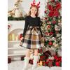 Arshiner Girls Dresses Puff Long Sleeve Rib Knit Plaid Patchwork Belted Holiday Dress with Pockets(Black / Brown Plaid)