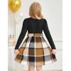 Arshiner Girls Dresses Puff Long Sleeve Rib Knit Plaid Patchwork Belted Holiday Dress with Pockets(Black / Brown Plaid)