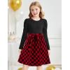 Arshiner Girls Dresses Puff Long Sleeve Rib Knit Plaid Patchwork Belted Holiday Dress with Pockets(Black / Red Plaid)
