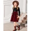 Arshiner Girls Dresses Puff Long Sleeve Rib Knit Plaid Patchwork Belted Holiday Dress with Pockets(Black / Red Plaid)